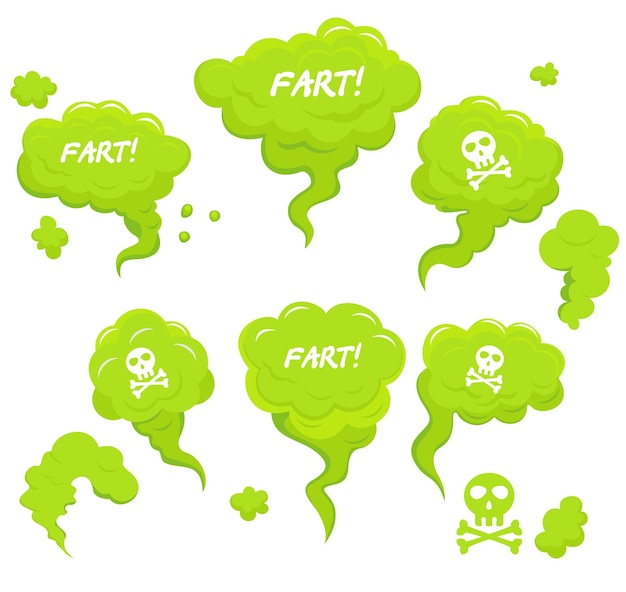 緑の有毒なおなら コミック スタイルのテキストとガスの緑の漫画の雲 おなら臭い雲セット 鼓腸
