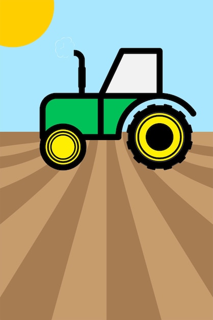 Vector green tractor cultivating the land. agriculture colorful poster with copy space. vector illustration