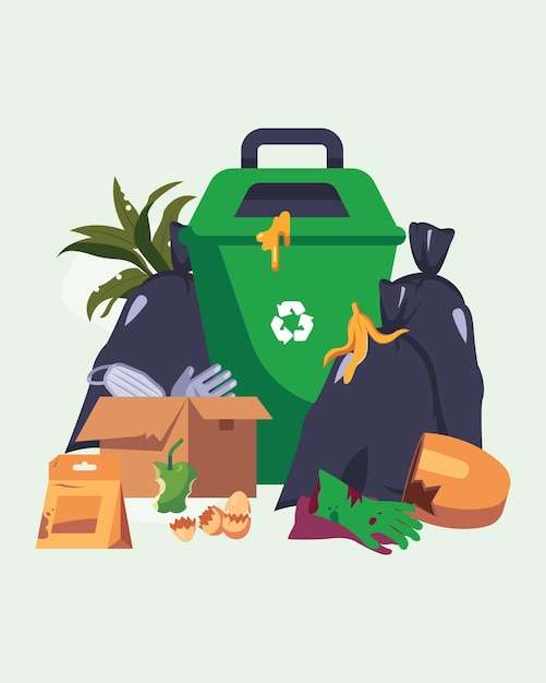 Вектор Зеленые контейнеры для мусора, мешки для мусора и рассеянный набор мусора, векторная иллюстрация падающего гнилого мусора