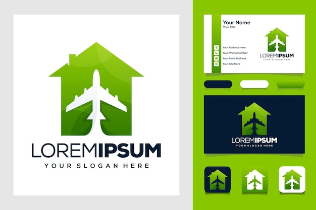 Green travel with plane and home logo design and business card