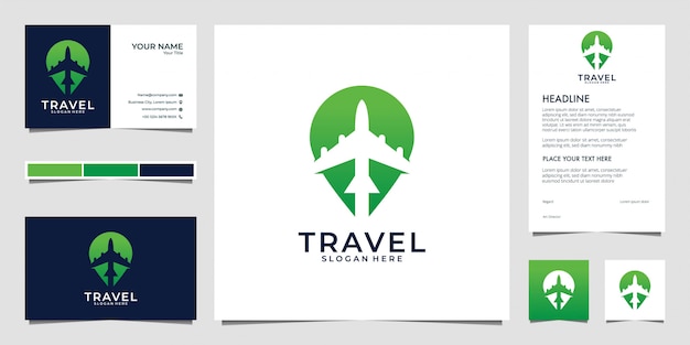 green travel with plane and pin, logo design and business card