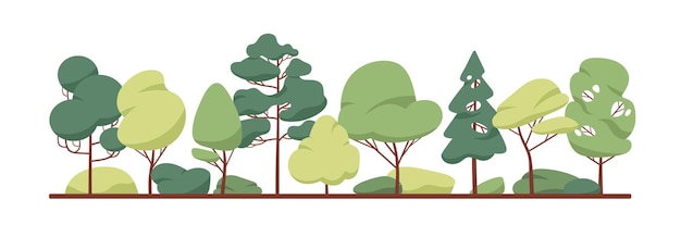 緑の木の境界線。森林の葉と針葉樹の植物が並んでいます。様式化されたモミ、ポプラの幹、王冠を備えた混合木のパノラマ。白い背景で隔離の森林のフラット ベクトル イラスト