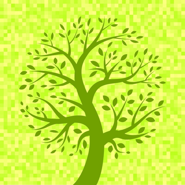 Vector green tree icon on yellow pixel background,vector illustration