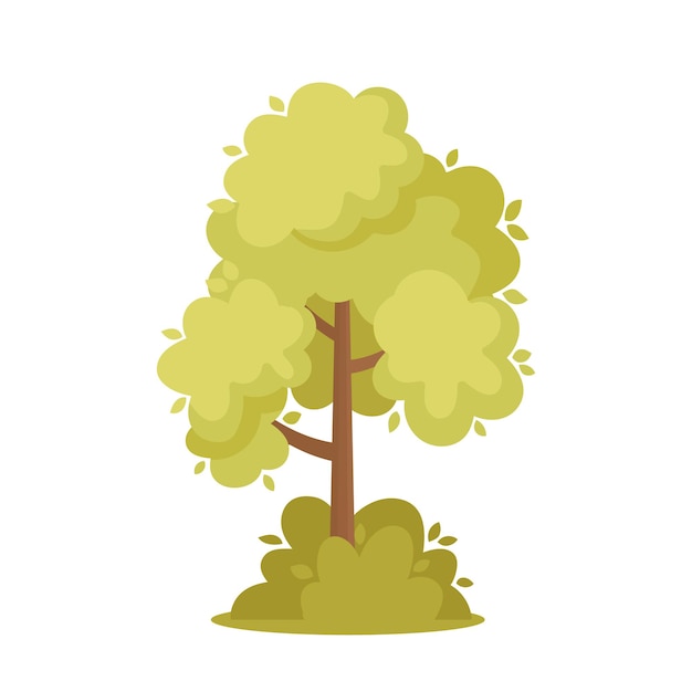 Элемент ландшафтного дизайна зеленое дерево, кустарник, природный парк или лесной объект с зелеными листьями и коричневым стволом, летнее растение с листвой, изолированной на белом фоне. векторные иллюстрации шаржа