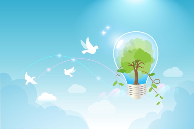 Green tree in lightbulb with flying bird in sky environmental friendly and protection sustainable environment to save energy and carbon emission reduction renewable ecology and earth day concept