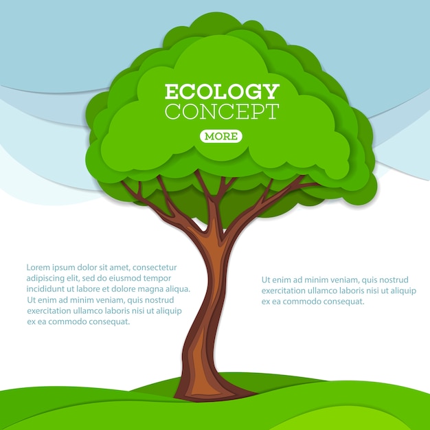 Вектор Зеленое дерево на лугу в стиле арт бумага. экологическое сохранение природы и окружающей среды.