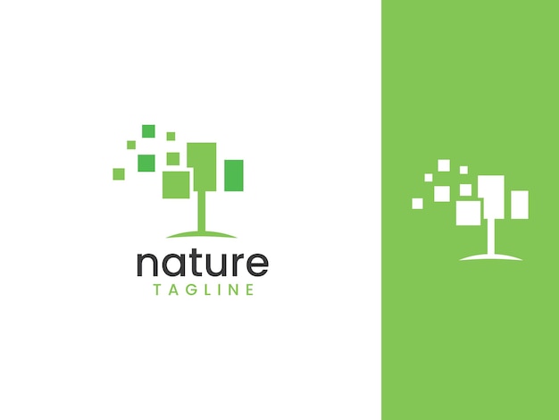 ベクトル 緑の木のピクセルのロゴのテンプレート自然のピクセルのロゴ