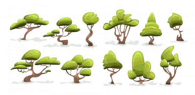 Green tree set. Cartoon illustration, isolated on white background.