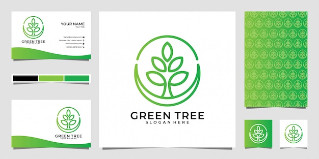 Green tree with line art style logo design and business card