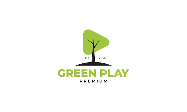 Albero verde con design del logo musicale del pulsante di riproduzione