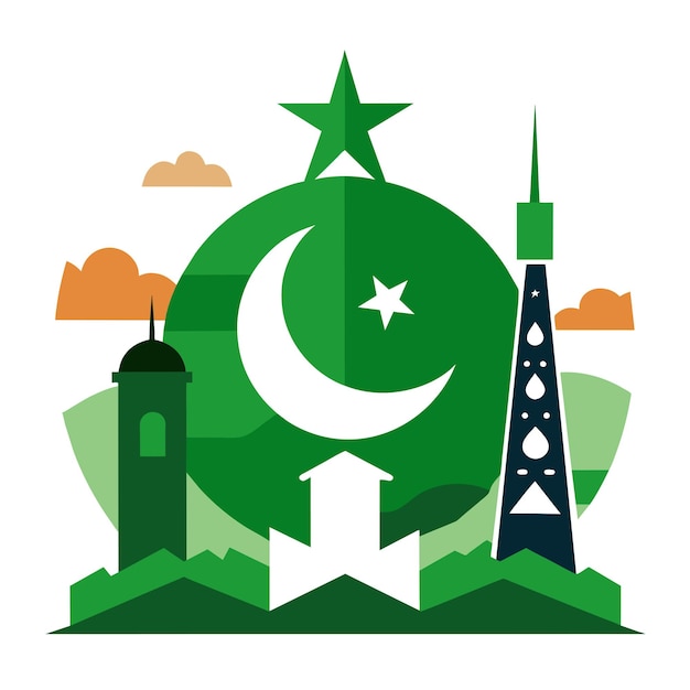 その上に星があり背景にモスクがある緑の木