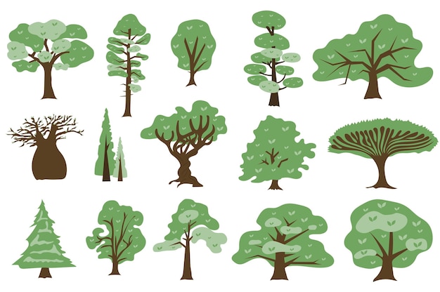 Green trees concept collection in flat cartoon design Different types of deciduous and trees