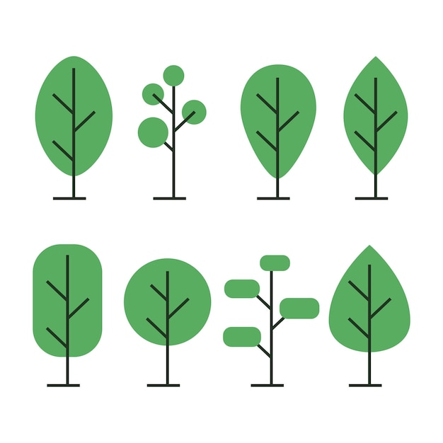 Green trees of different shapes in a flat style.