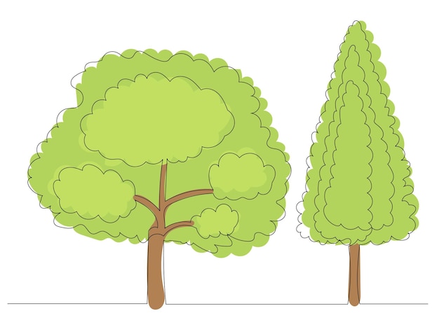 Зеленые деревья одной сплошной линией рисования