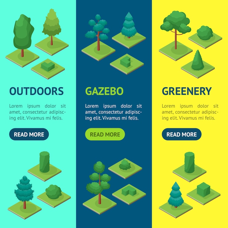 Vector green trees park banner vecrtical set 3d isometric view vector