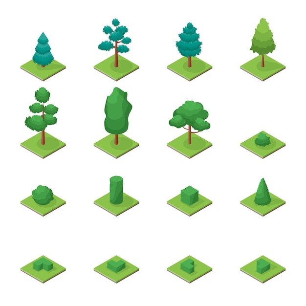 Green Trees Park Objects Set Icons 3d Isometric View Vector