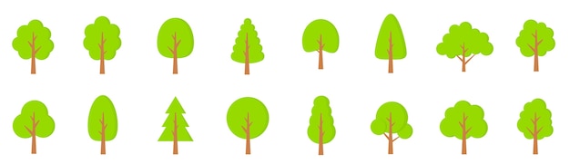 緑の木々が設定されます。フラットスタイル。平らな森の木のアイコン