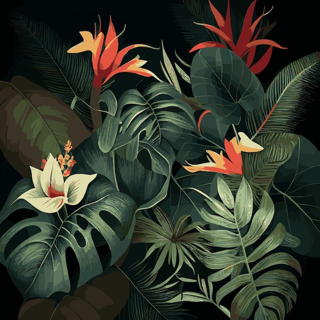 緑の熱帯林の背景モンステラの葉シュロの葉の枝エキゾチックな植物バナー テンプレート装飾はがきの背景抽象的な葉と植物の壁紙ベクトル