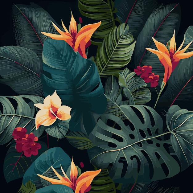 ベクトル 緑の熱帯林の背景モンステラの葉シュロの葉の枝エキゾチックな植物バナー テンプレート装飾はがきの背景抽象的な葉と植物の壁紙ベクトル