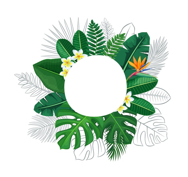 Green tropical leaves and flowers circle frame