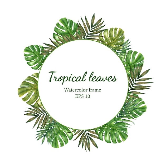 Vector green tropical leaves hand drawn watercolor frame