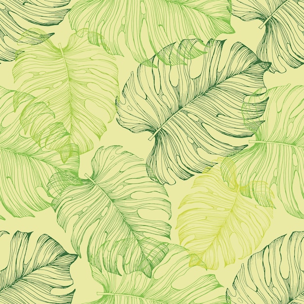 緑色の熱帯のシームレスパターンの背景にナツメヤシの葉が描かれています