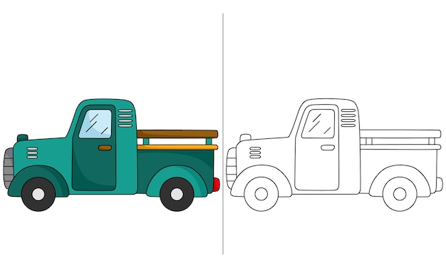 Vector green truck coloring page for children activities