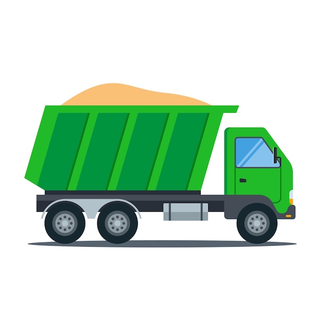 Green truck with sand. construction transport. flat vector illustration.