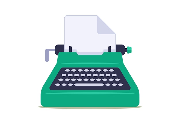 Green typewriter with blank sheet of paper.