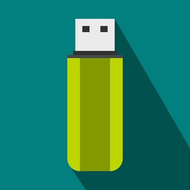 Green usb flash drive icon in flat style on a blue background