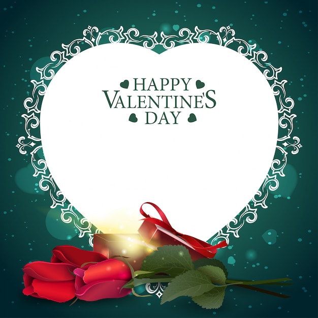 Green valentine's day greeting card with gift and flowers