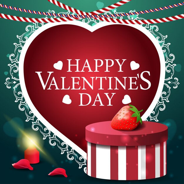 Green Valentine's Day greeting card with gift and strawberry