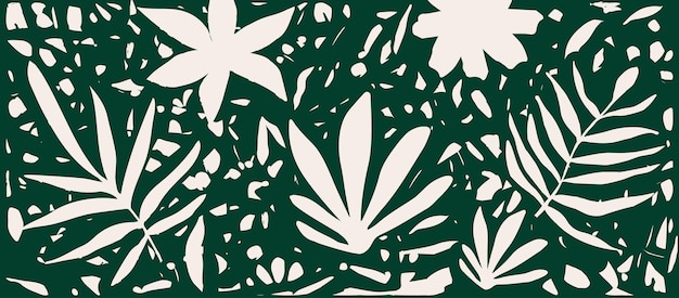 Vector green vector background with scattered abstract leaves flowers and other botanical elements