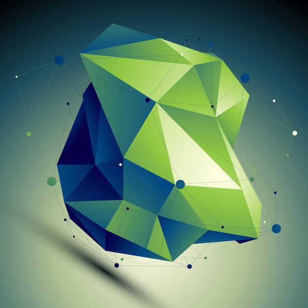 Astrazione digitale 3d vettoriale verde, modello geometrico di reticolo poligonale deforme. illustrazione insolita di wireframe in prospettiva smeraldo.