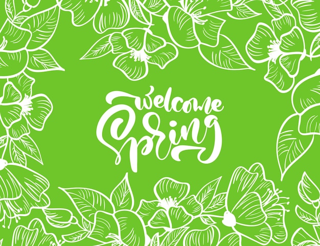 Green vector floral frame for greeting card with text Welcome Spring Isolated flat scandinavian