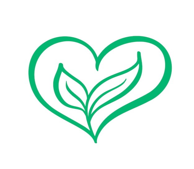 Зеленая векторная икона в форме сердца и два листа может быть использована для эко-веганского травяного здравоохранения или природы