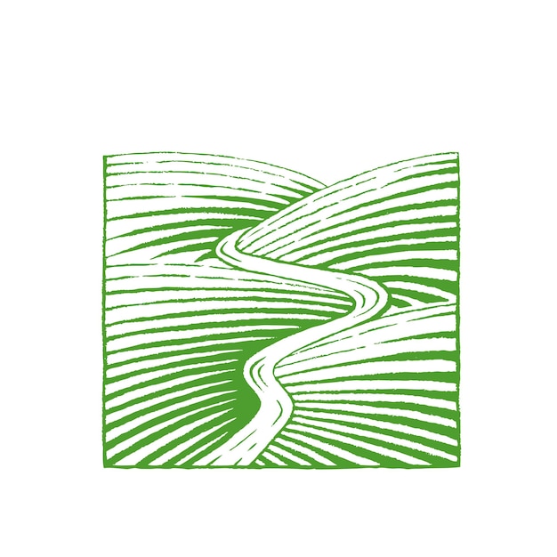 丘と川の図の緑のベクトル化されたインク スケッチ