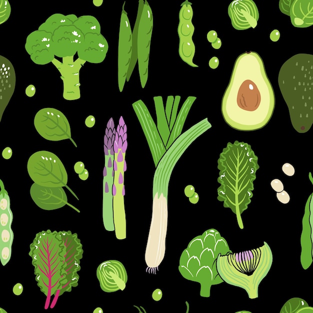 Green vegetables seamless pattern Vector set of vegan stuff Avocado artichoke asparagus kale broccoli beans green peas spinach Healthy nutrition