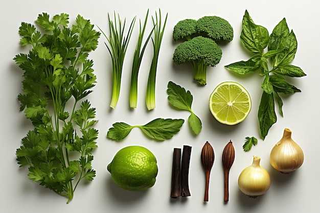 Green vegetables wide flat lay concept microgreens brussels sprouts asparagus rosemary avocado