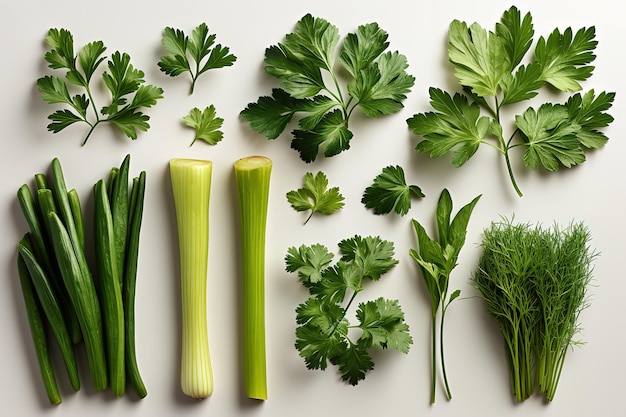 Green vegetables wide flat lay concept Microgreens brussels sprouts asparagus rosemary avocado