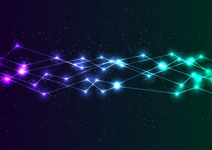 Vector green violet neon curved connection lines tech background