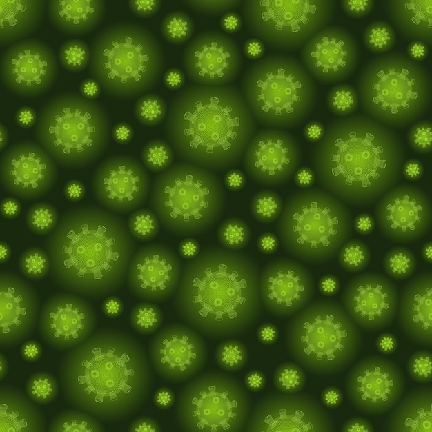 Green virus cell seamless pattern on dark backdrop
