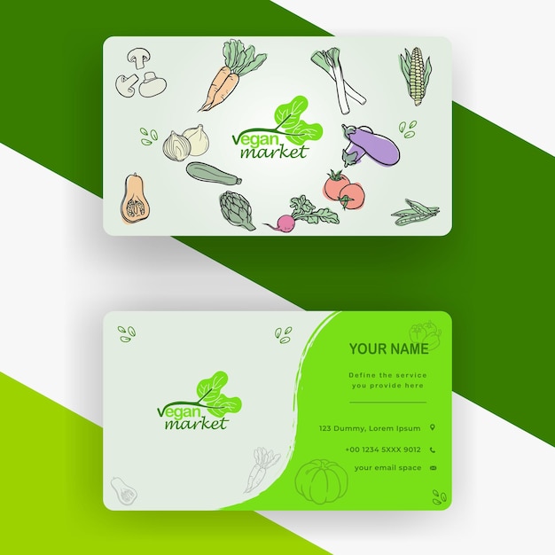 Vector green visit carte for vegetables market or vegan market with symbols of vegetables inside it