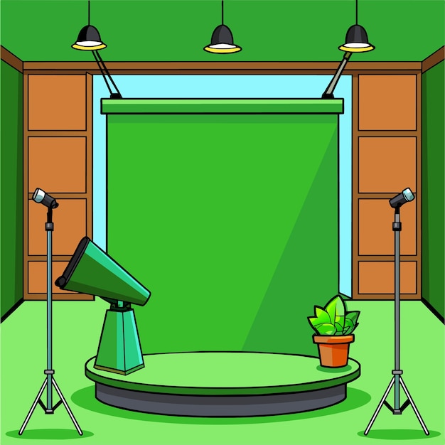 Vettore sfondo dello studio a parete verde con illustrazione vettoriale dei riflettori del podio