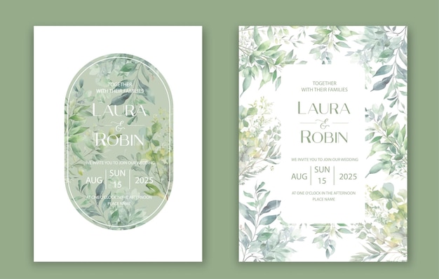 Vector green watercolor botanical leaves wedding invitation