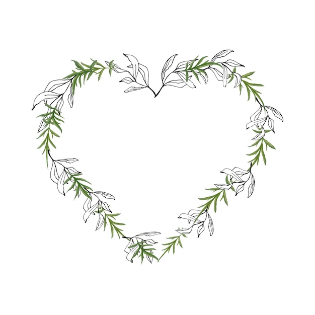 Vector green watercolor leaves and line art branches hearts frame wreath hand drawn botany frame