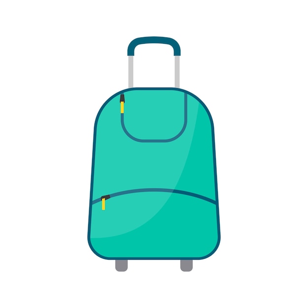 白い背景の上の荷物と緑の車輪付きトラベルバッグ。フラットスタイルの旅のスーツケース。ベクトルイラスト