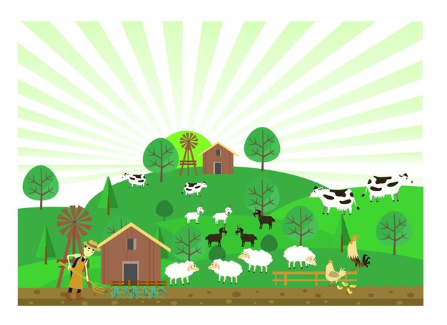 Un'illustrazione verde e bianca di una fattoria con una mucca e un mulino a vento.
