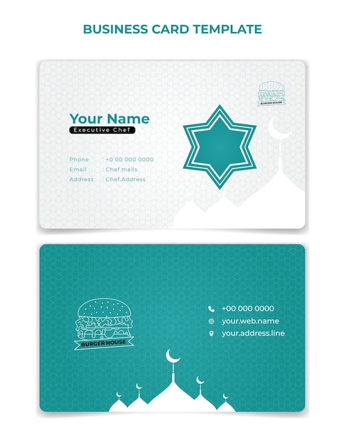 Vector green and white islamic id card with silhouette mosque and star design