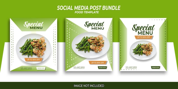 Vettore premium di modelli di post sui social media di cibo minimalista verde e bianco